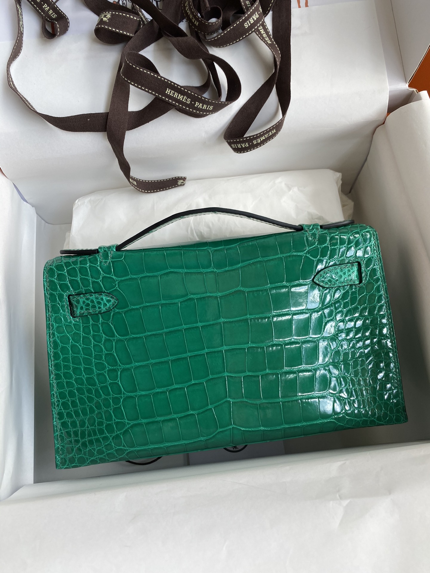 Hermes Mini Kelly Pochette 22cm Bag In Vert Emeraude Shiny Alligator Leather